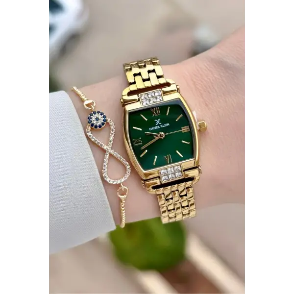 Kadranı Yeşil Kordonu Gold Renk 24 mm Hediye Paketli Kadın Kol Saati