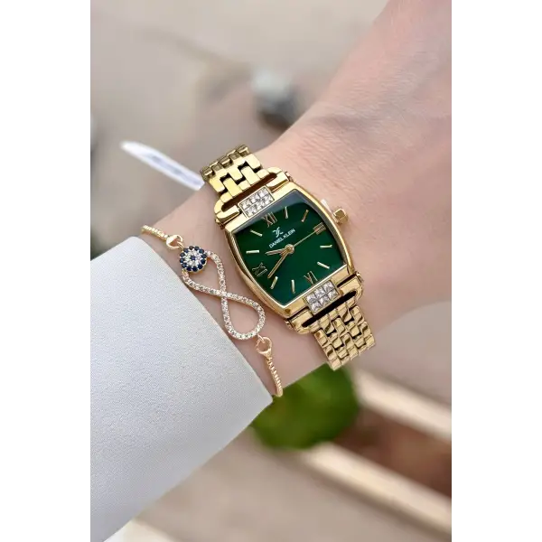 Kadranı Yeşil Kordonu Gold Renk 24 mm Hediye Paketli Kadın Kol Saati