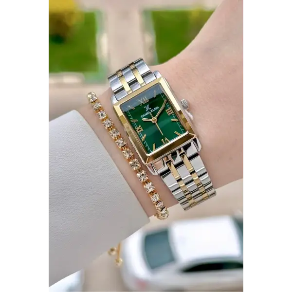 Kadranı Yeşil Kordonu Gold Gümüş Renk 22 mm Kadın Kol Saati