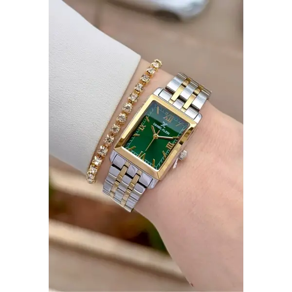 Kadranı Yeşil Kordonu Gold Gümüş Renk 22 mm Kadın Kol Saati