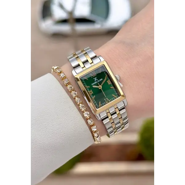 Kadranı Yeşil Kordonu Gold Gümüş Renk 22 mm Kadın Kol Saati