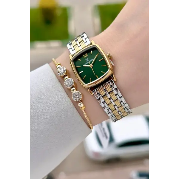 Kadranı Yeşil Kordonu Gold Gümüş Renk 22 mm Hediye Paketli Kadın Kol Saati