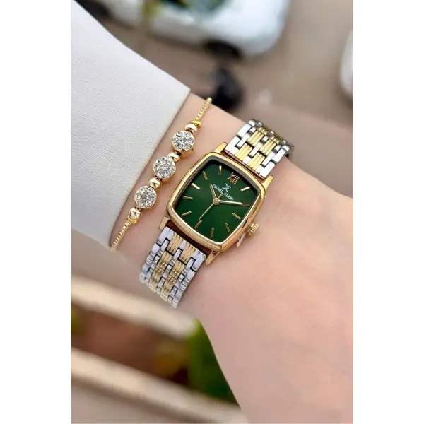Kadranı Yeşil Kordonu Gold Gümüş Renk 22 mm Hediye Paketli Kadın Kol Saati
