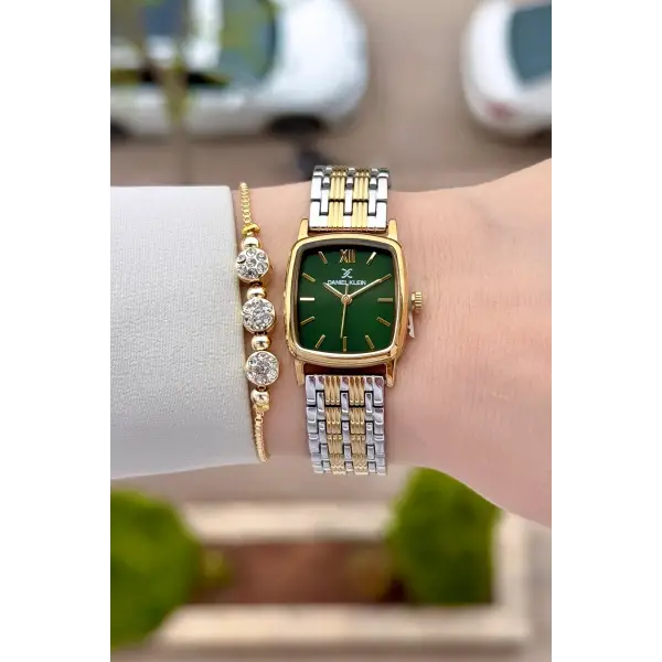 Kadranı Yeşil Kordonu Gold Gümüş Renk 22 mm Hediye Paketli Kadın Kol Saati