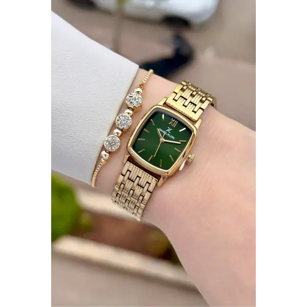 Kadranı Yeşil Kordonu Gold Renk 22 mm Hediye Paketli Kadın Kol Saati