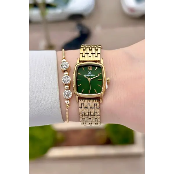 Kadranı Yeşil Kordonu Gold Renk 22 mm Hediye Paketli Kadın Kol Saati