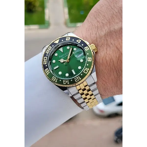 Kadranı Yeşil Kordonu Gold Gümüş Renk 40 Mm Erkek Kol Saati