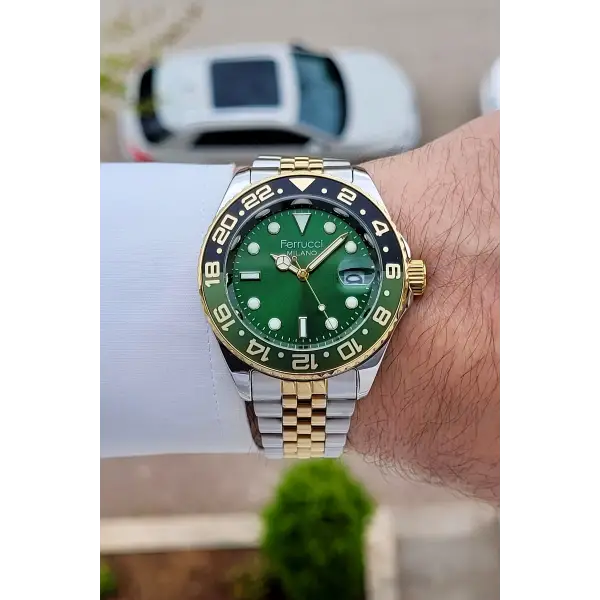 Kadranı Yeşil Kordonu Gold Gümüş Renk 40 Mm Erkek Kol Saati