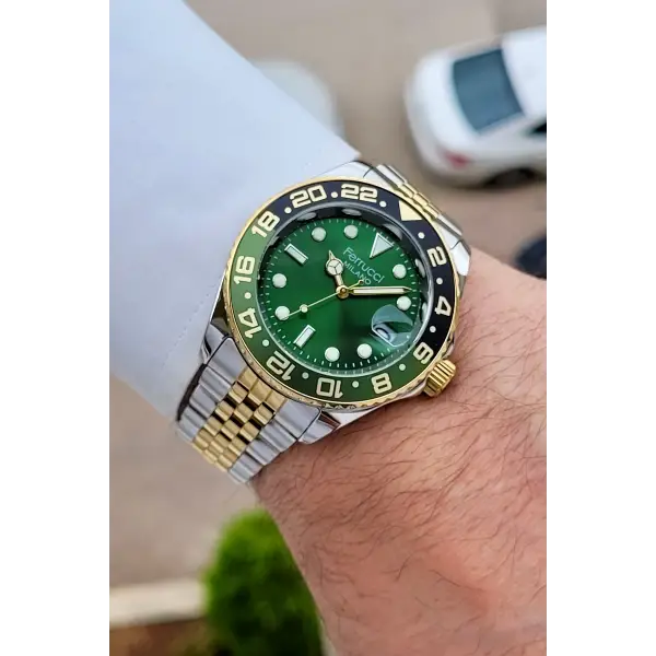 Kadranı Yeşil Kordonu Gold Gümüş Renk 40 Mm Erkek Kol Saati