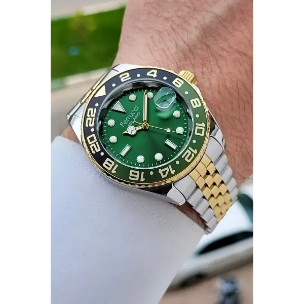 Kadranı Yeşil Kordonu Gold Gümüş Renk 40 Mm Erkek Kol Saati