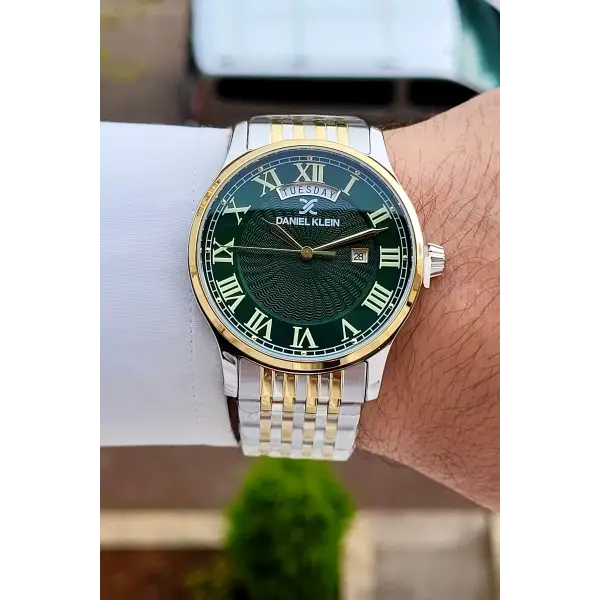 Kadranı Yeşil Kordonu Gold Beyaz Renk Takvim ve Gün Fonksiyonlu Hediye Paketli Erkek Kol Saati