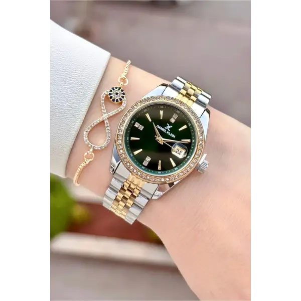Kadranı Yeşil Kordonu Gold Gümüş Renk 32,5 Mm Hediye Paketli Kadın Kol Saati