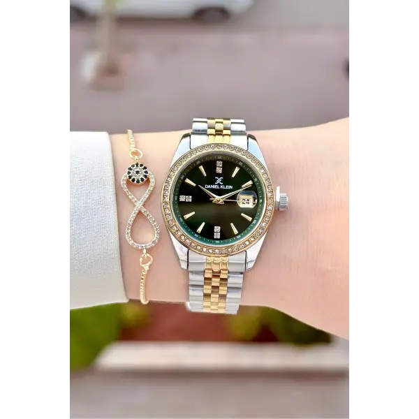 Kadranı Yeşil Kordonu Gold Gümüş Renk 32,5 Mm Hediye Paketli Kadın Kol Saati