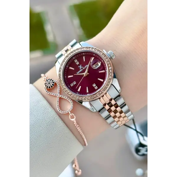 Kadranı Bordo Kordonu Rose Gümüş Renk 32,5 Mm Hediye Paketli Kadın Kol Saati