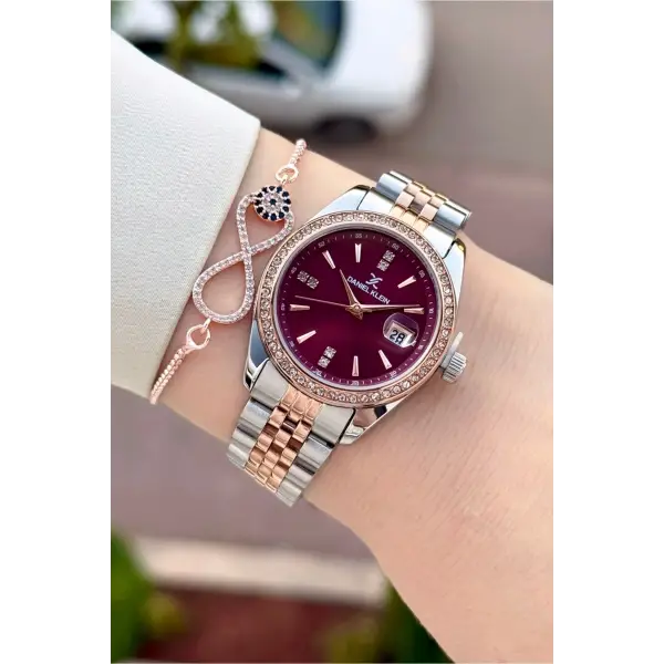 Kadranı Bordo Kordonu Rose Gümüş Renk 32,5 Mm Hediye Paketli Kadın Kol Saati