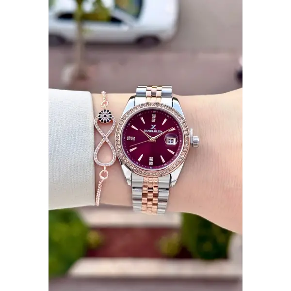Kadranı Bordo Kordonu Rose Gümüş Renk 32,5 Mm Hediye Paketli Kadın Kol Saati