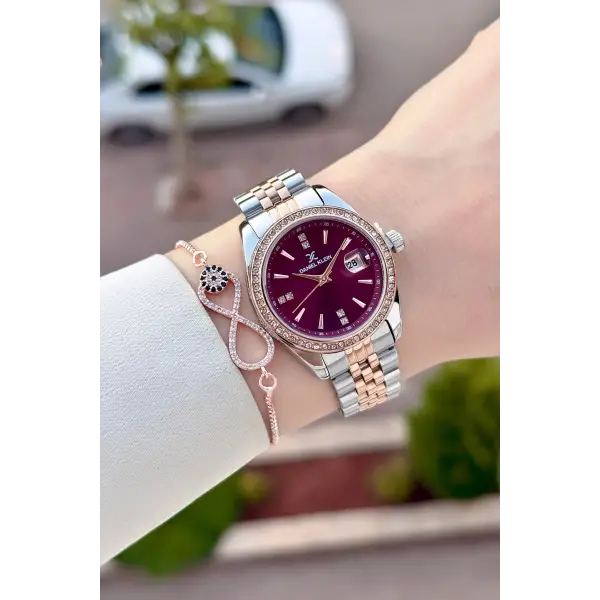 Kadranı Bordo Kordonu Rose Gümüş Renk 32,5 Mm Hediye Paketli Kadın Kol Saati