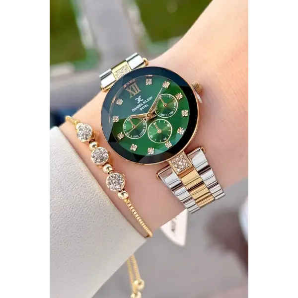 Kadranı Yeşil Kordonu Gold Gümüş Renk Hediye Paketli 32 Mm Kadın Kol Saati