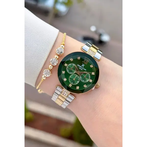 Kadranı Yeşil Kordonu Gold Gümüş Renk Hediye Paketli 32 Mm Kadın Kol Saati