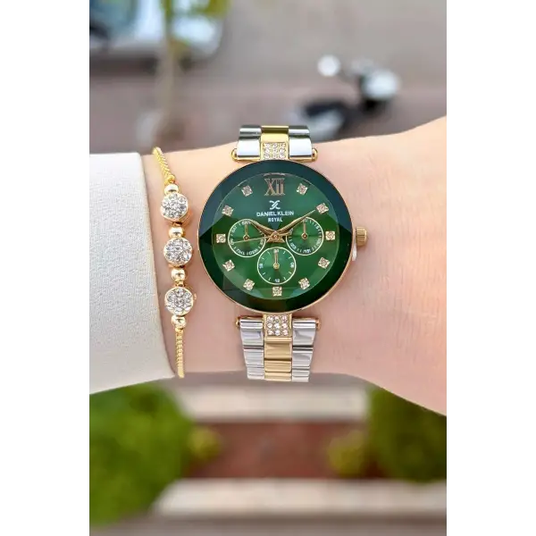 Kadranı Yeşil Kordonu Gold Gümüş Renk Hediye Paketli 32 Mm Kadın Kol Saati