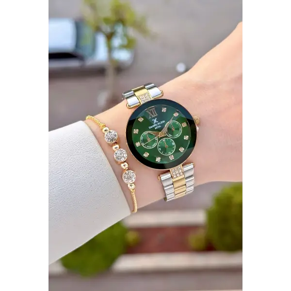 Kadranı Yeşil Kordonu Gold Gümüş Renk Hediye Paketli 32 Mm Kadın Kol Saati