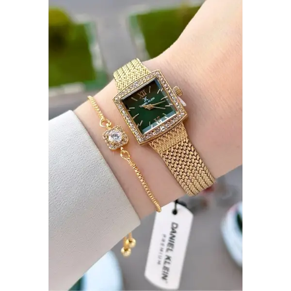 Kadranı Yeşil Kordonu Gold Renk Hediye Paketli 20,5 Mm Kadın Kol Saati