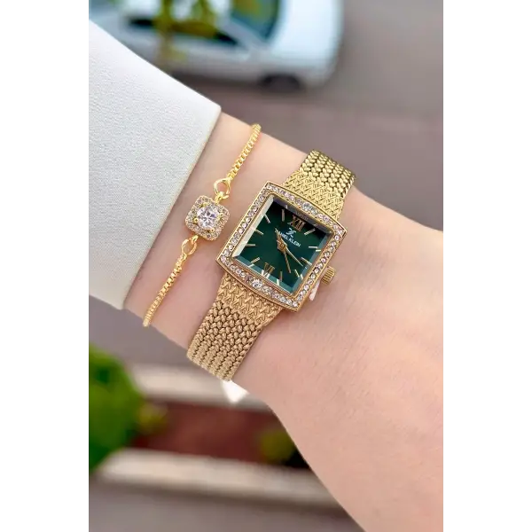 Kadranı Yeşil Kordonu Gold Renk Hediye Paketli 20,5 Mm Kadın Kol Saati