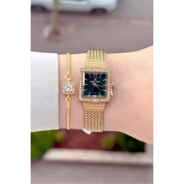 Kadranı Yeşil Kordonu Gold Renk Hediye Paketli 20,5 Mm Kadın Kol Saati