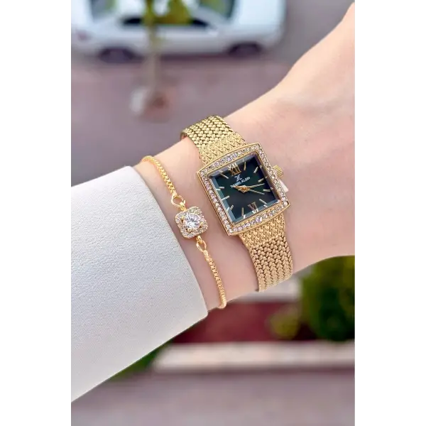 Kadranı Yeşil Kordonu Gold Renk Hediye Paketli 20,5 Mm Kadın Kol Saati