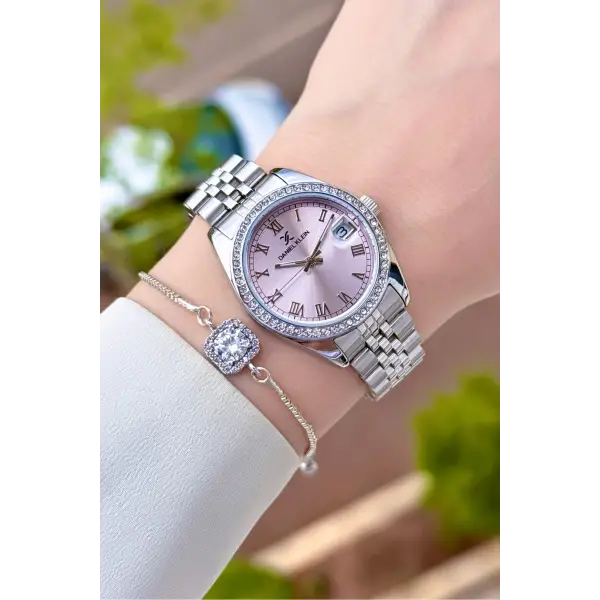 Kadranı Pembe Kordonu Gümüş Renk 33 Mm Kadın Kol Saati