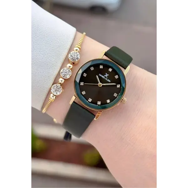Kasası Gold Kordonu Yeşil Renk 28 Mm Hediye Paketli Kadın Kol Saati