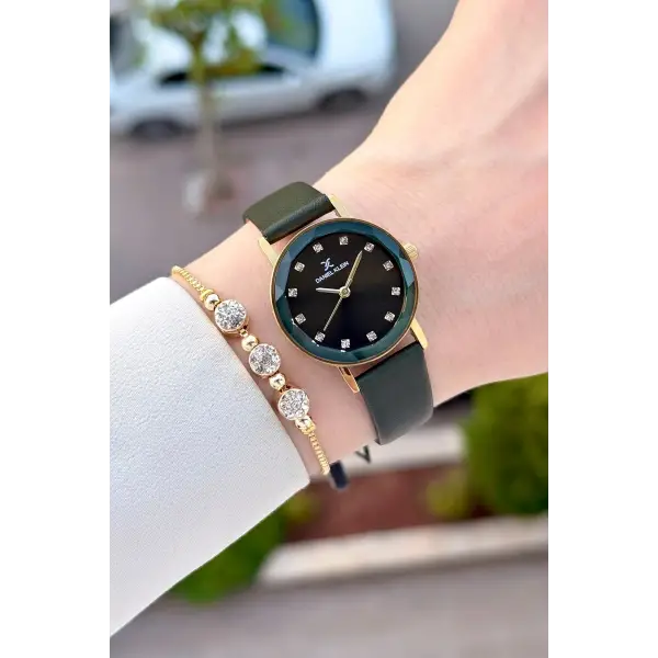 Kasası Gold Kordonu Yeşil Renk 28 Mm Hediye Paketli Kadın Kol Saati
