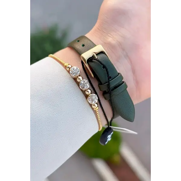 Kasası Gold Kordonu Yeşil Renk 28 Mm Hediye Paketli Kadın Kol Saati