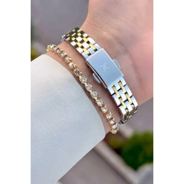 Gold Gümüş Renk Hediye Paketli 22 Mm Kadın Kol Saati ve Bileklik