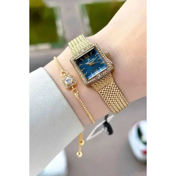 Kadranı Mavi Kordonu Gold Renk Hediye Paketli 20,5 Mm Kadın Kol Saati