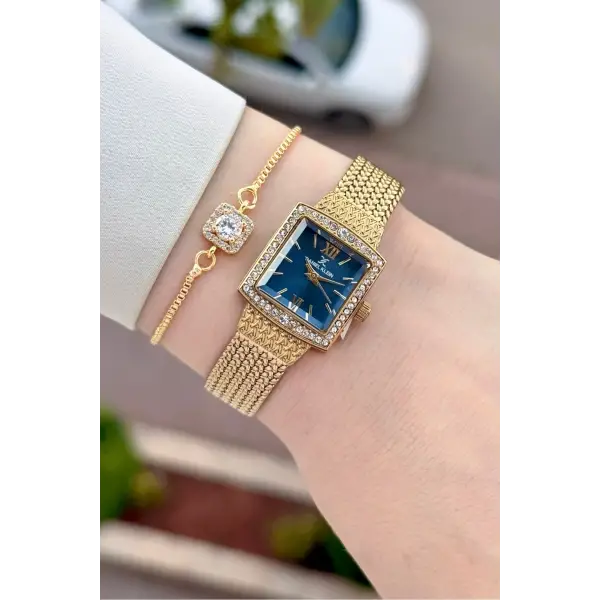 Kadranı Mavi Kordonu Gold Renk Hediye Paketli 20,5 Mm Kadın Kol Saati