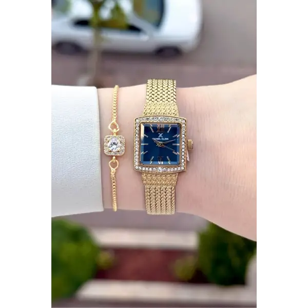 Kadranı Mavi Kordonu Gold Renk Hediye Paketli 20,5 Mm Kadın Kol Saati