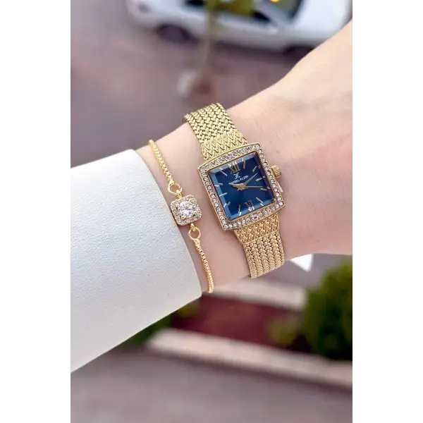 Kadranı Mavi Kordonu Gold Renk Hediye Paketli 20,5 Mm Kadın Kol Saati