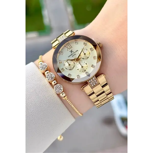 Kadranı Sarı Kordonu Gold Renk Hediye Paketli 32 Mm Kadın Kol Saati