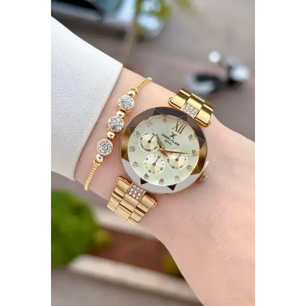 Kadranı Sarı Kordonu Gold Renk Hediye Paketli 32 Mm Kadın Kol Saati
