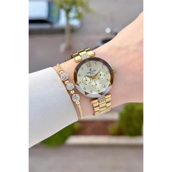 Kadranı Sarı Kordonu Gold Renk Hediye Paketli 32 Mm Kadın Kol Saati