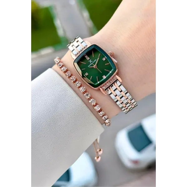 Kadranı Yeşil Kordonu Rose Gümüş Renk Hediye Paketli 22 Mm Kadın Kol Saati