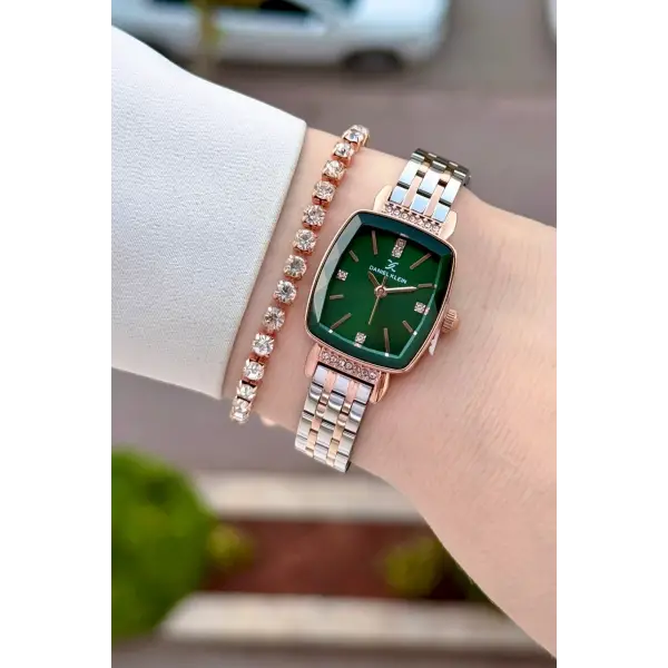 Kadranı Yeşil Kordonu Rose Gümüş Renk Hediye Paketli 22 Mm Kadın Kol Saati