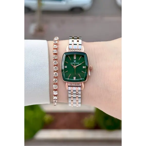 Kadranı Yeşil Kordonu Rose Gümüş Renk Hediye Paketli 22 Mm Kadın Kol Saati