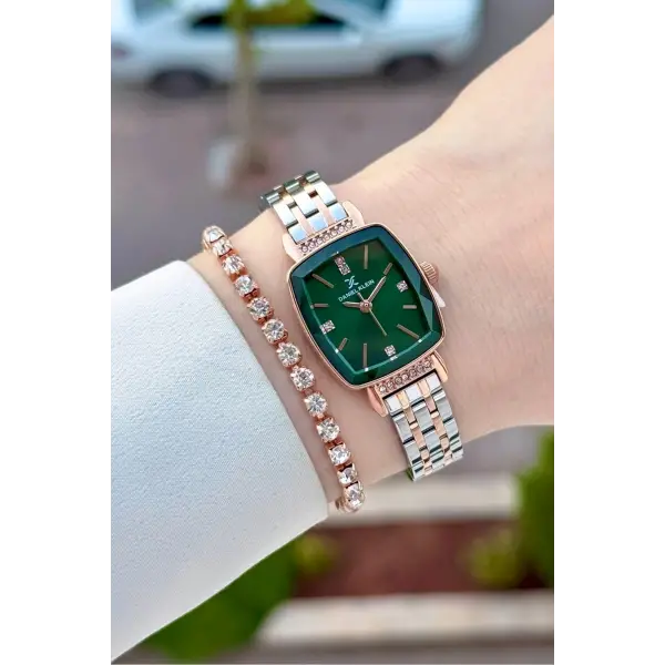 Kadranı Yeşil Kordonu Rose Gümüş Renk Hediye Paketli 22 Mm Kadın Kol Saati