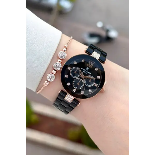 Kasası Rose Kordonu Siyah Renk Hediye Paketli 32 Mm Kadın kol Saati