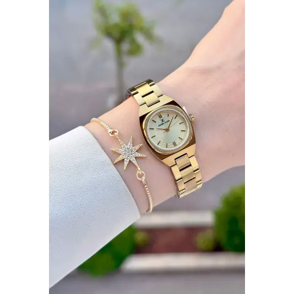 Kadranı Sarı Kordonu Gold Renk Hediye Paketli 22,5 Mm Kadın Kol Saati