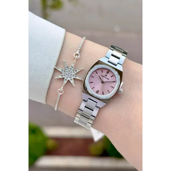 Kadranı Pembe Kordonu Gümüş Renk Hediye Paketli 22,5 Mm Kadın Kol Saati