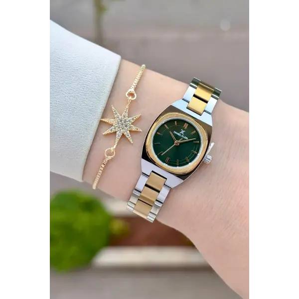 Kadranı Yeşil Kordonu Gold Gümüş Renk Hediye Paketli 22,5 Mm Kadın Kol Saati