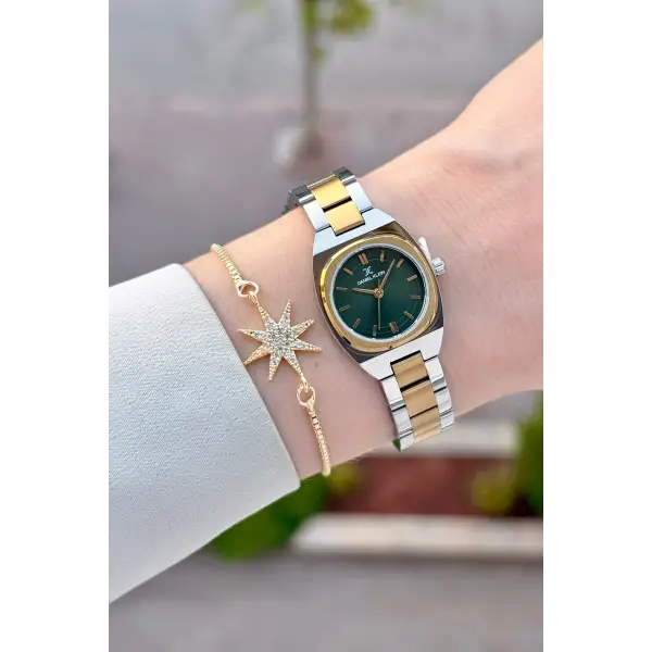Kadranı Yeşil Kordonu Gold Gümüş Renk Hediye Paketli 22,5 Mm Kadın Kol Saati